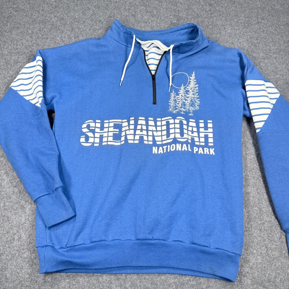 Vintage Shenandoah National Park Sweatshirt Blue Striped 1/4 Zip Large USA Made
